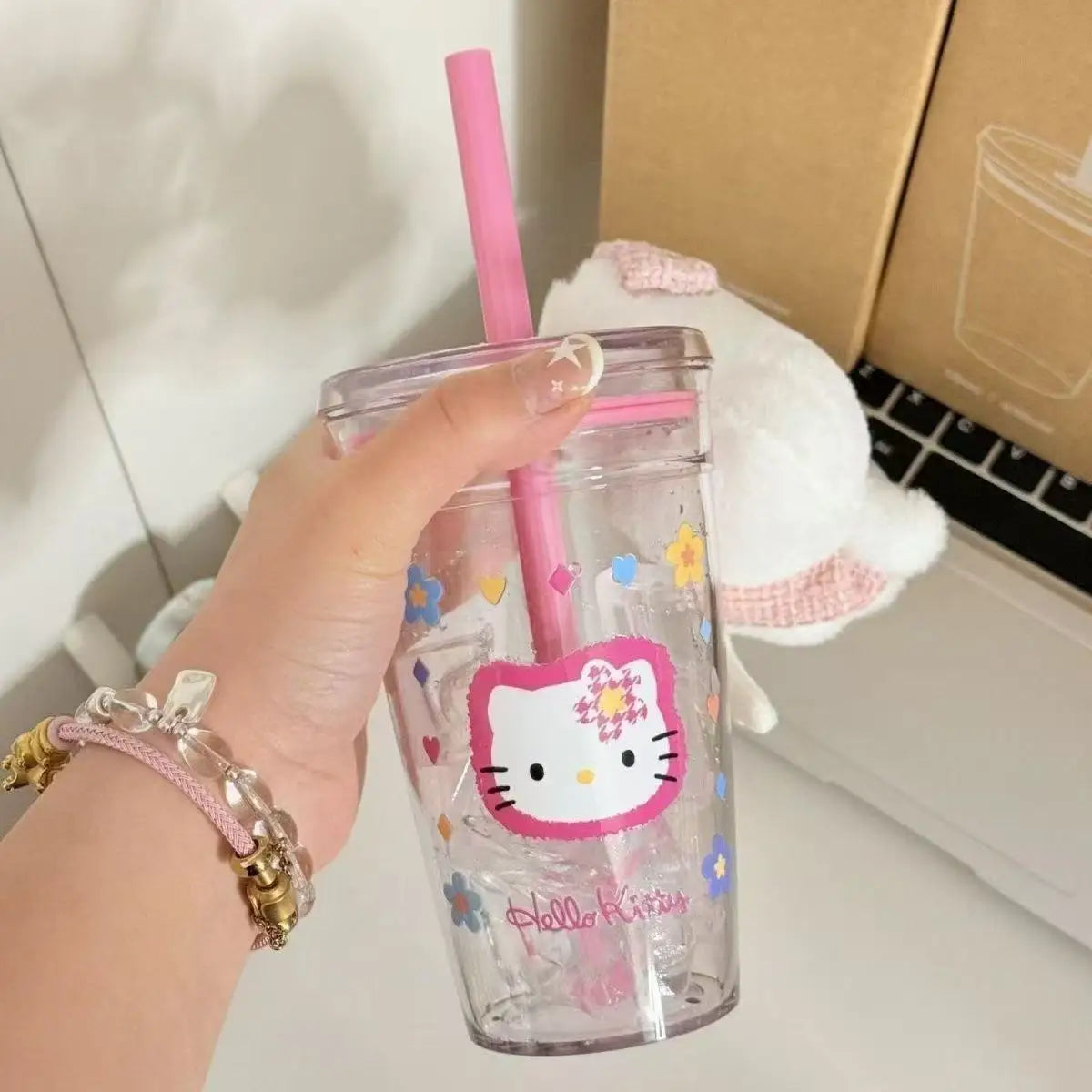 Hello Kitty Pink Straw Cup Large Capacity Transparent Water Bottle