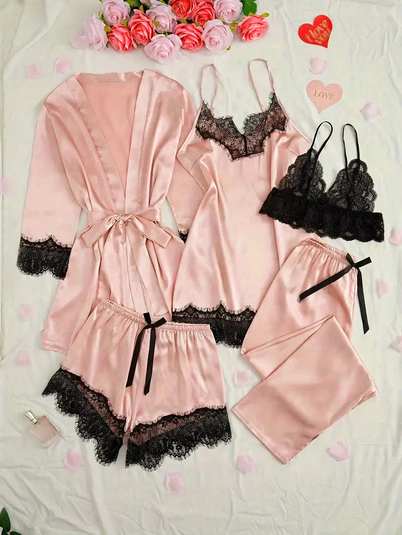 Women’s Pink Satin Pajama Set with Lace Robe Nightdress and Pants
