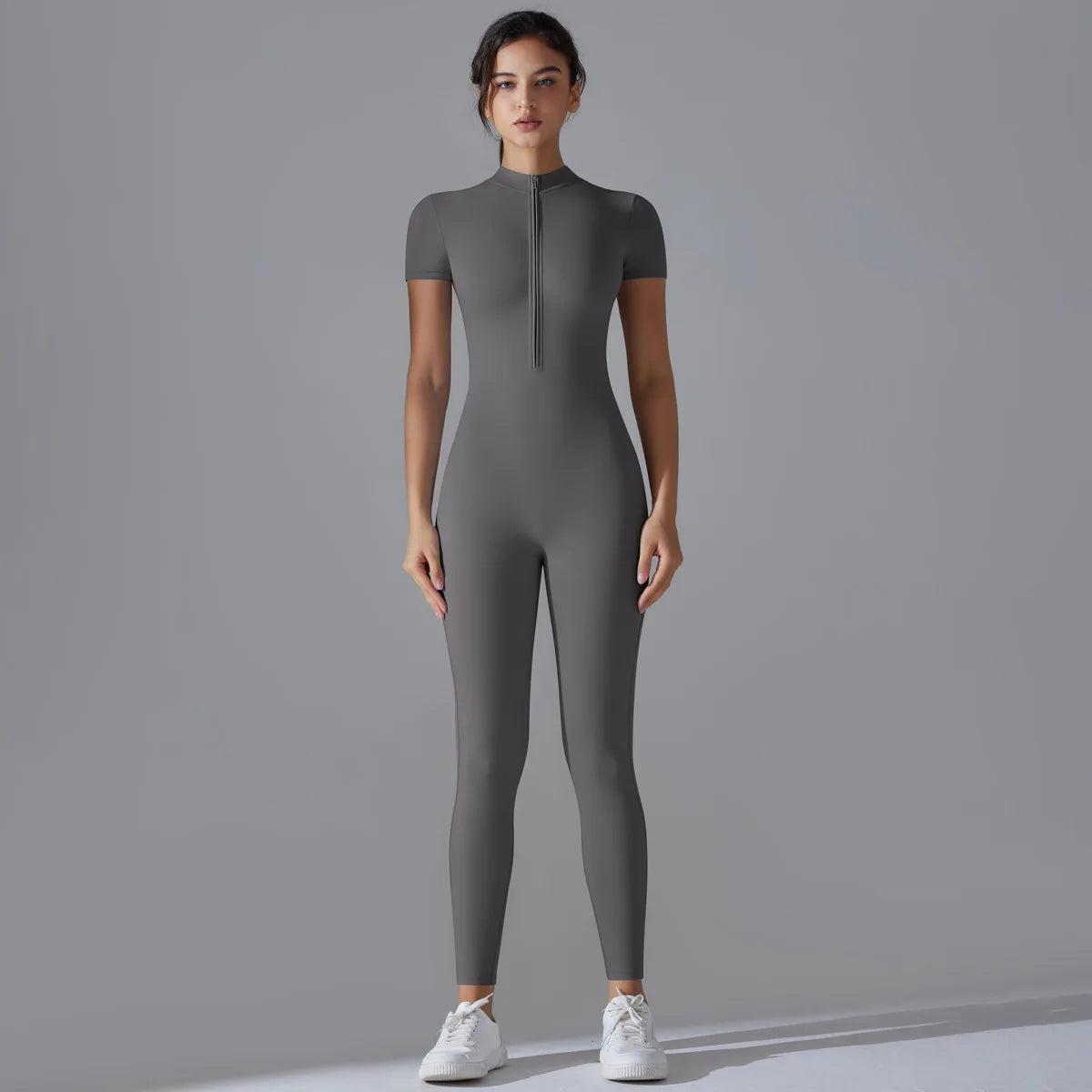 Women Zip Short Sleeve Yoga Jumpsuit Fitness Suit