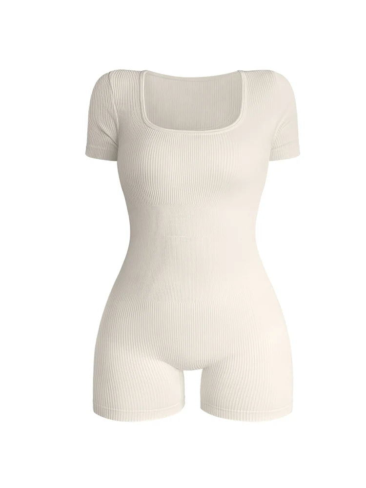 Women Square Neck Bodycon Jumpsuit High Waist Short Sleeve One Piece Outfit
