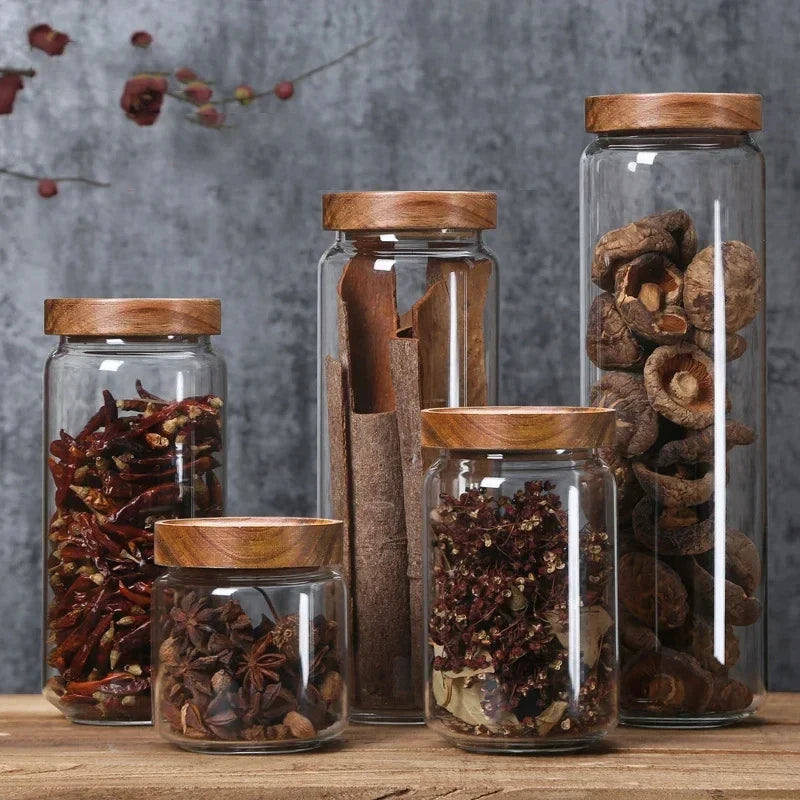 Glass Airtight Food Storage Jar with Wooden Lid Kitchen Canister