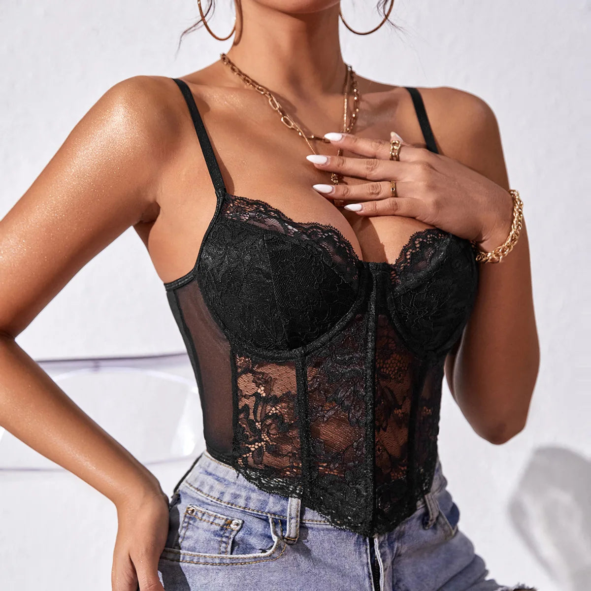 Women Lace Underwire Corset Crop Top Backless Vest