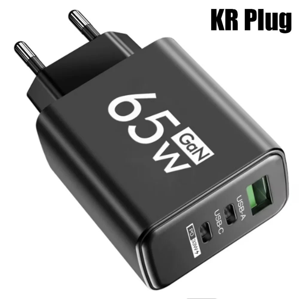 65W 3 Ports GaN USB PD Fast Charging Type C Adapter Quick Charger