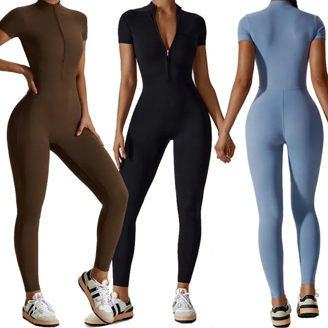 Women Zip Short Sleeve Yoga Jumpsuit Fitness Suit
