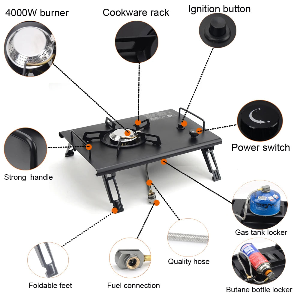Portable Camping IGT Table with Grill & Gas Stove Folding Outdoor BBQ Table Lightweight Picnic Cooking Table Wooden Top