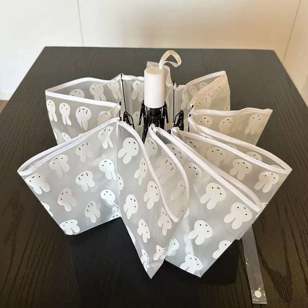 Cute Cartoon Folding Umbrella Automatic Transparent Frosted Rabbit Umbrella
