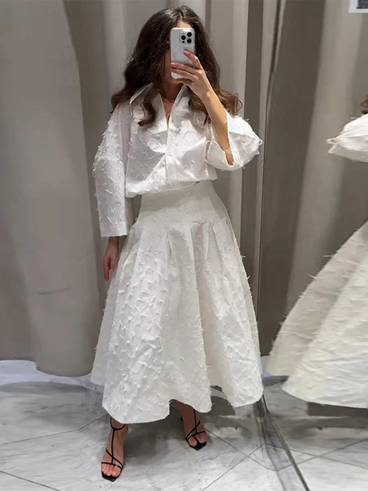 Women Pleated Skirt Set Long Sleeve Shirt and Maxi Skirt Outfit