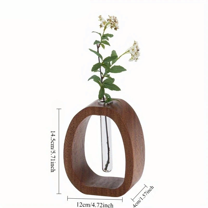 Solid Wood Flower Vase Glass Insert Mini Hydroponic Plant Holder Decor