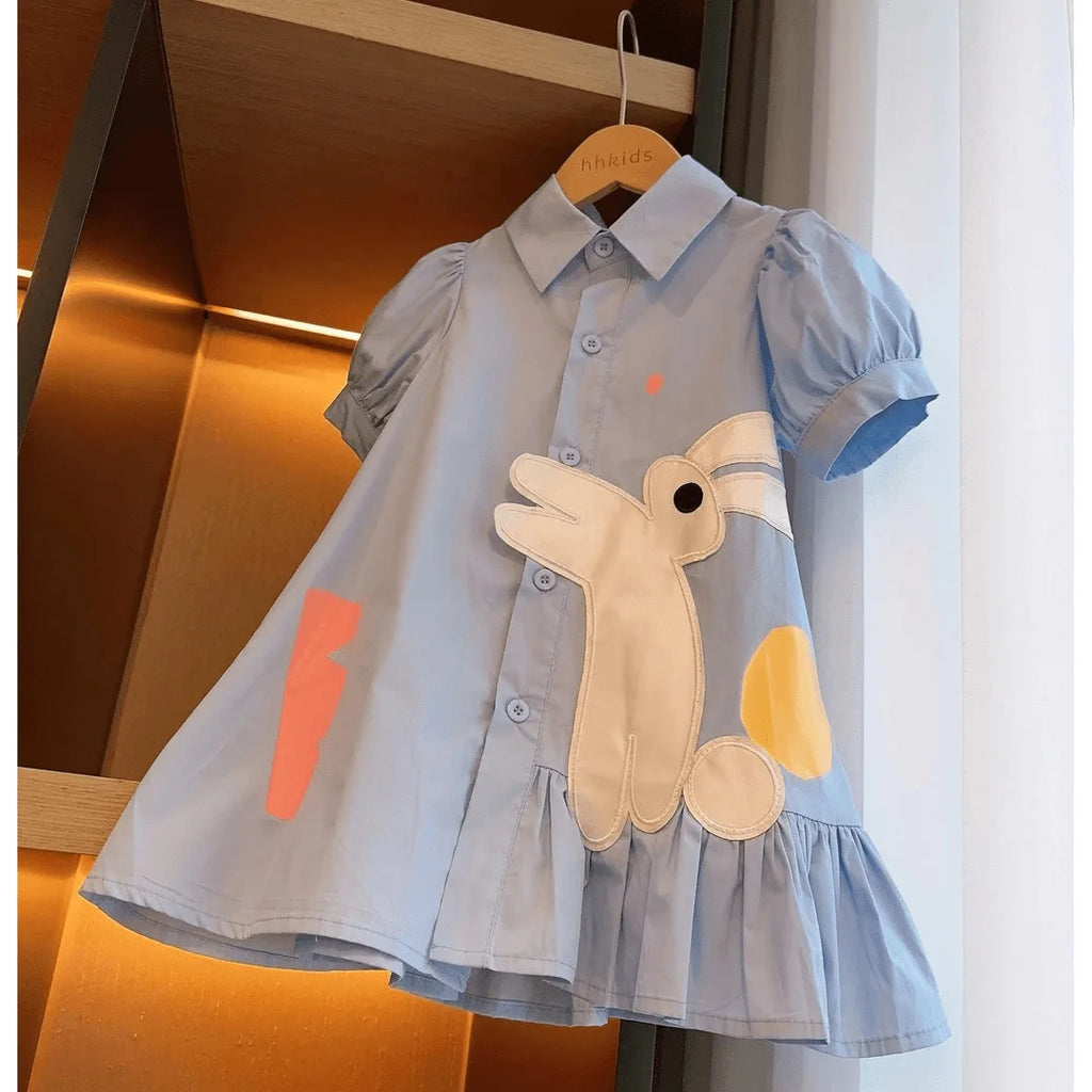 Girls Rabbit Puff Sleeve Cotton Dress Summer Turn Down Collar Princess Outfit