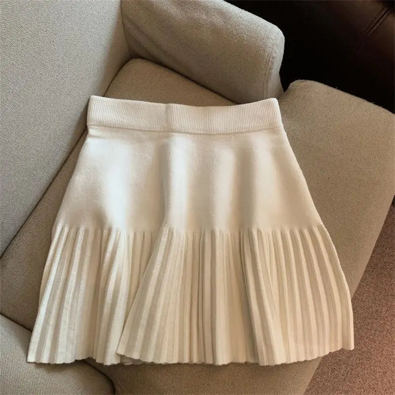 Women Pleated Mini Skirt Elastic Waist Knit Korean Style Casual Skirt