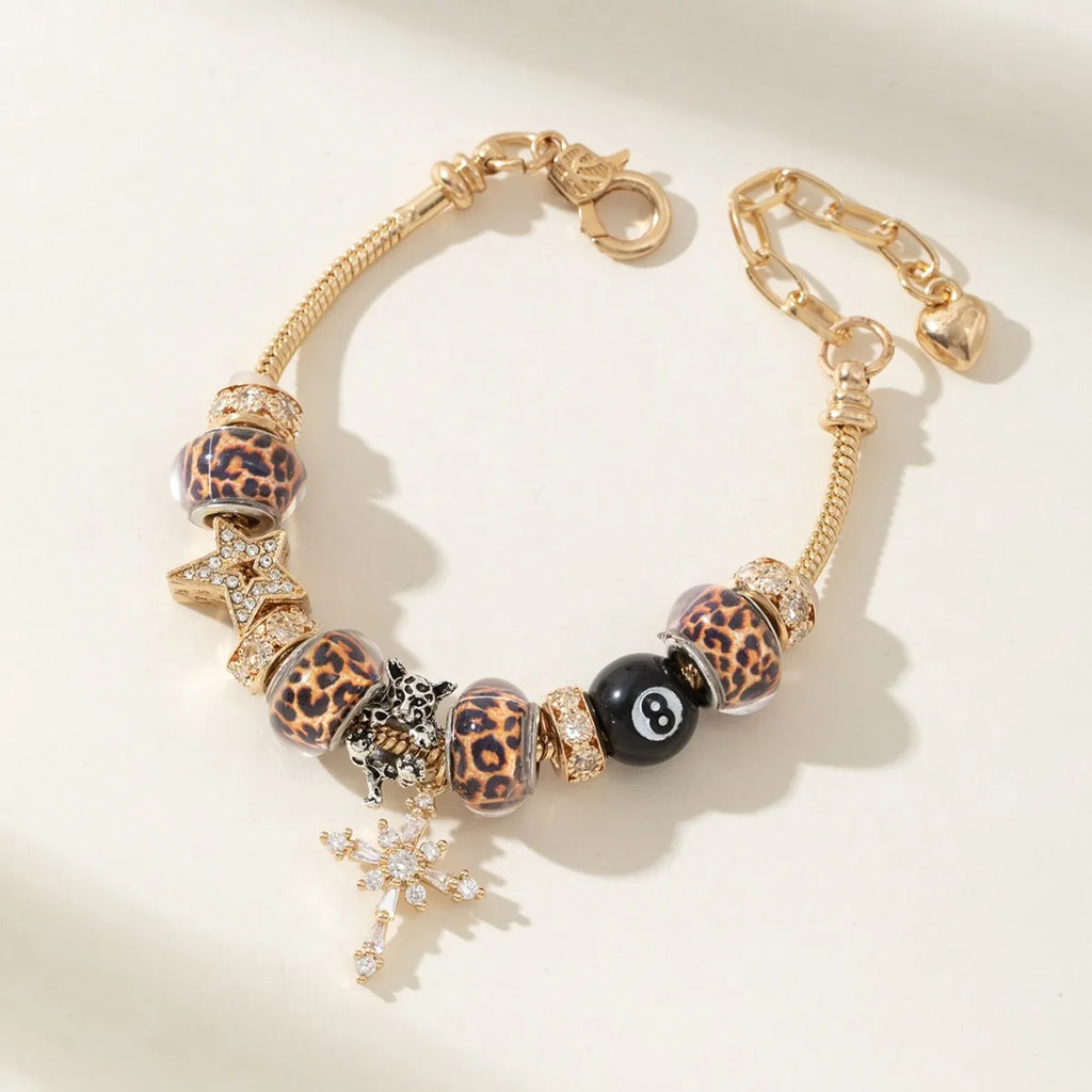 Women Adjustable Gold Charm Bracelet Leopard Rhinestone Star Cross