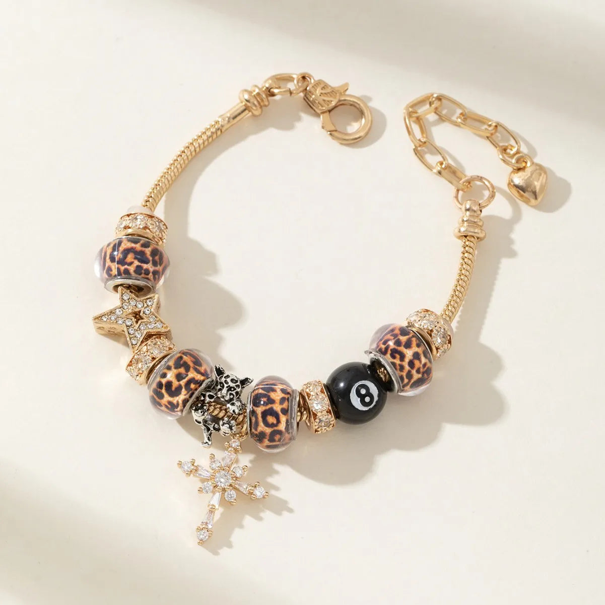 Women Adjustable Gold Charm Bracelet Leopard Rhinestone Star Cross