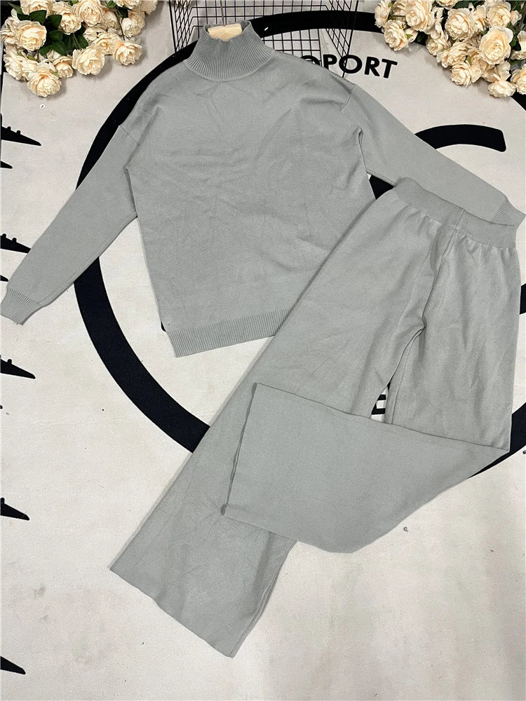 Women Knitted Two Piece Set Turtleneck Sweater and Straight Jogger Pants Winter Tracksuit