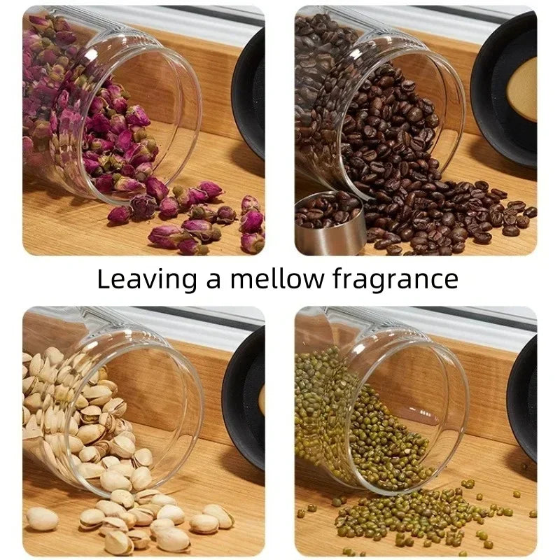 Glass Coffee Bean Storage Jar Vacuum Sealed Moisture Proof Black Lid Canister