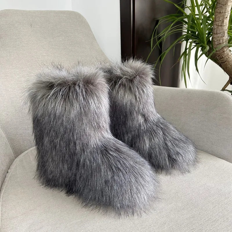 Women Fur Snow Boots Warm Mid Calf Winter Shoes