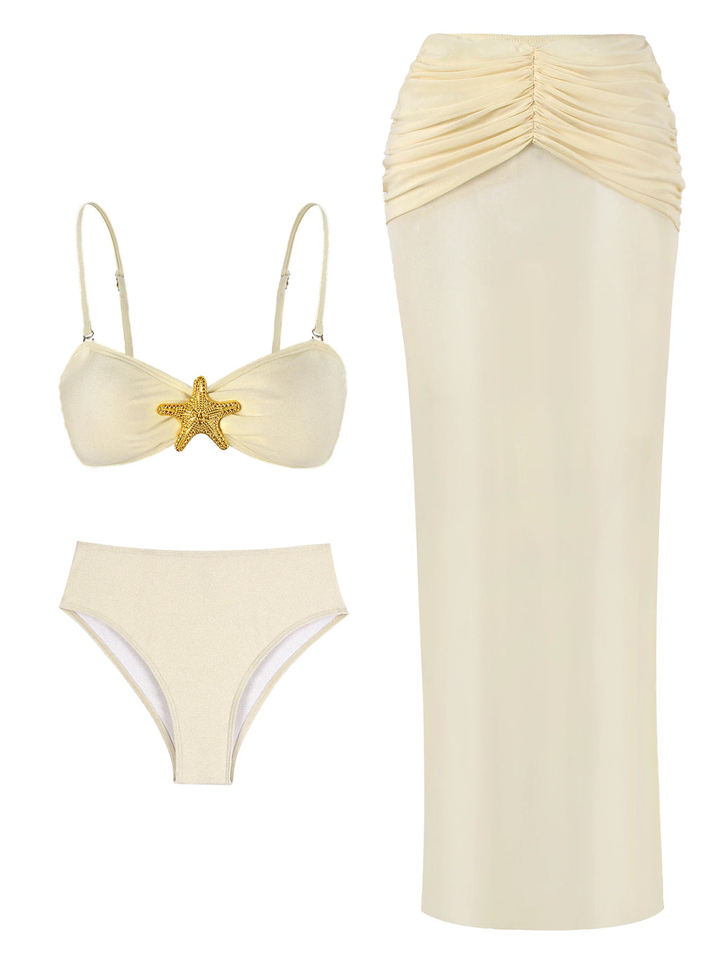 Women 3 Piece Bikini Set Strapless Swimwear with Skirt Cover Up Beach Bathing Suit