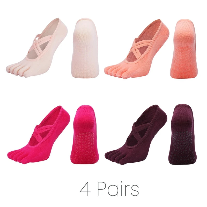 Women Anti Slip Pilates Five Toe Yoga Socks Silicone Grip Cotton Fitness Socks 1–4 Pairs