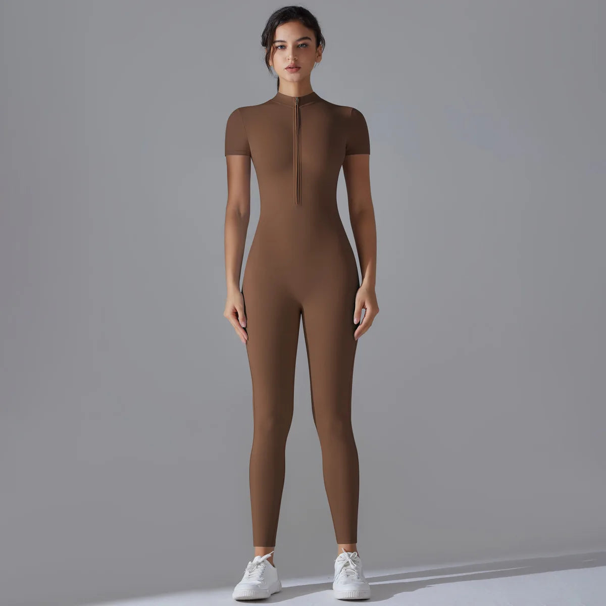 Women Zip Short Sleeve Yoga Jumpsuit Fitness Suit