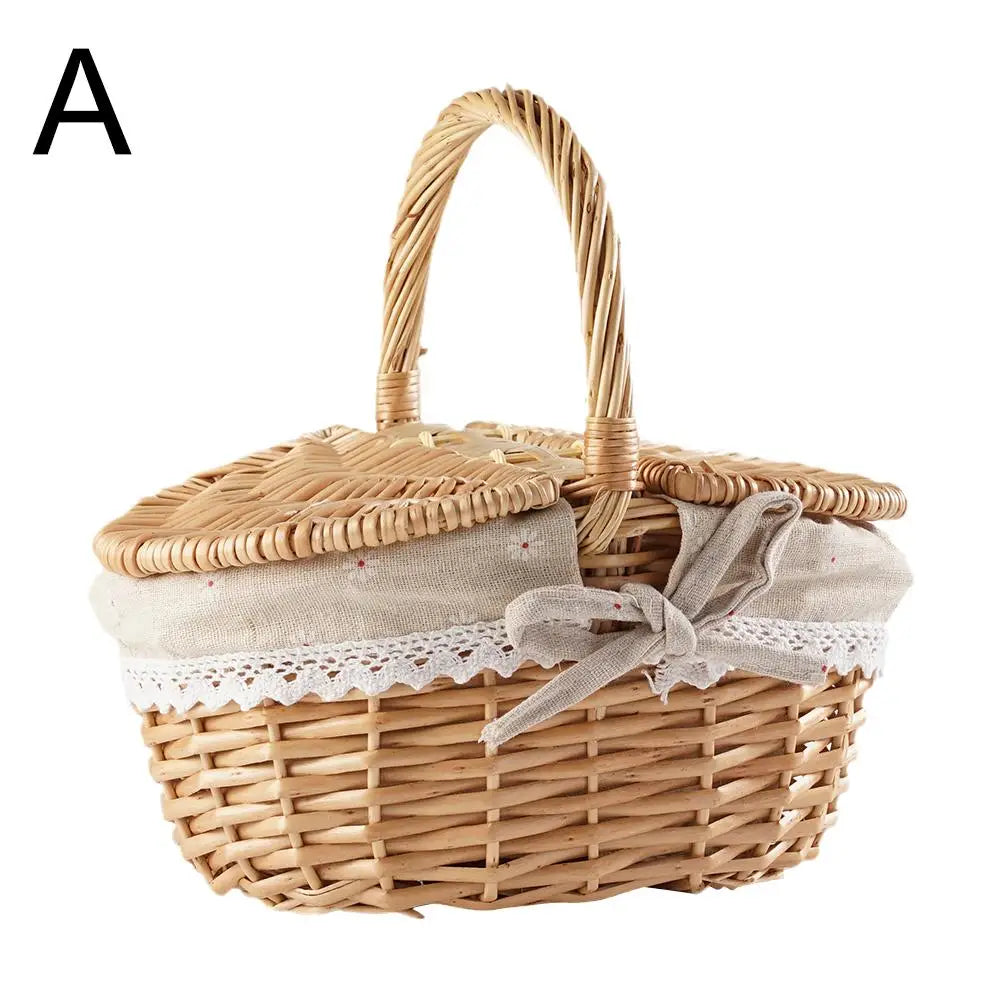 Handmade Wicker Picnic Basket with Handle Willow Storage Hamper Camping Fruit Basket