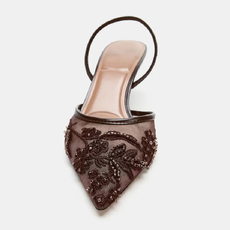 Women Mesh Pointed Toe High Heels Elegant Beaded Pumps Summer Sandals