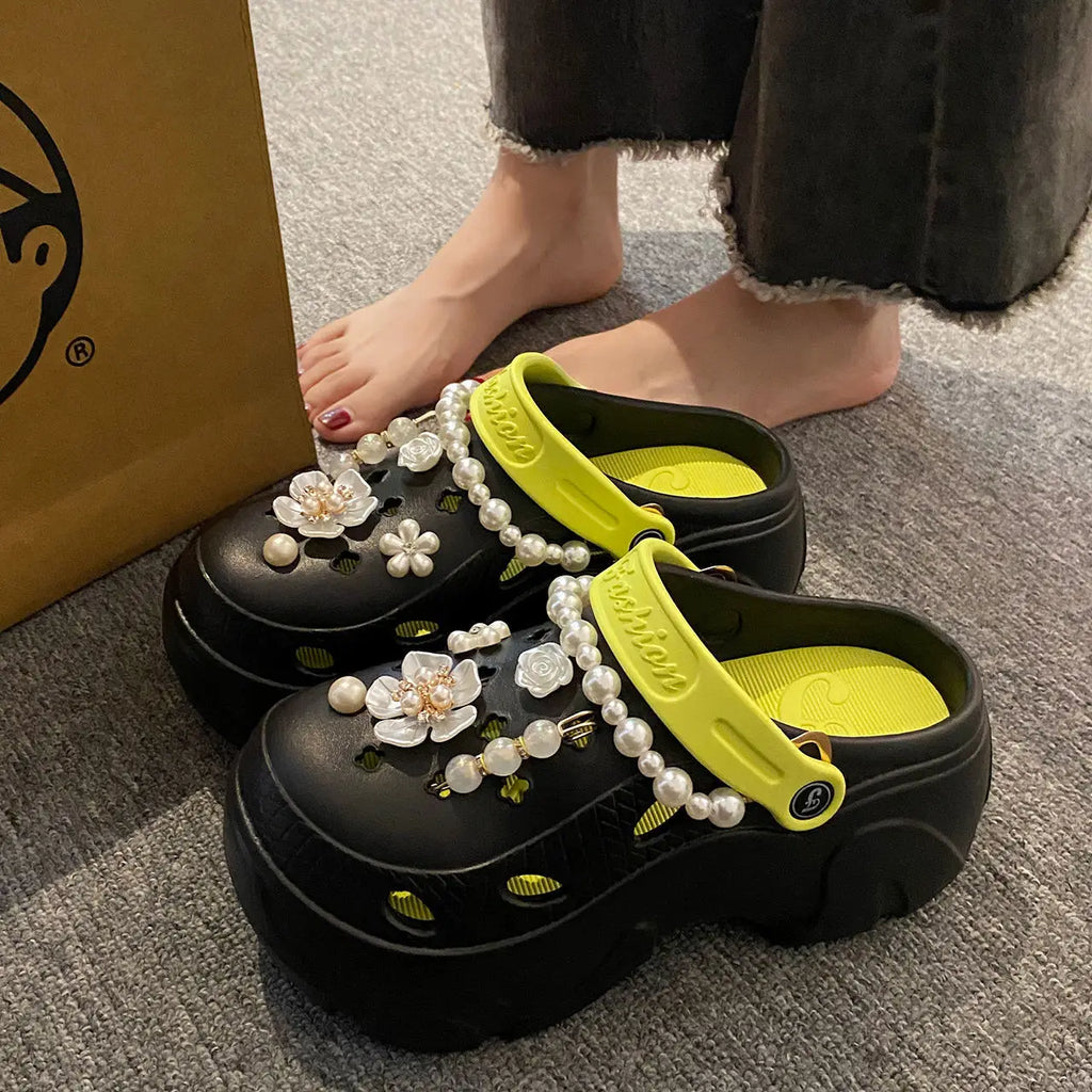 Women Pearl Chain Platform Sandals Thick Sole EVA Beach Garden Non Slip Clogs