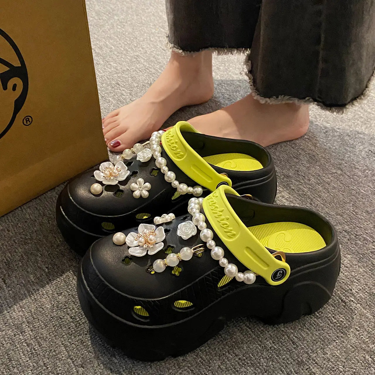 Women Pearl Chain Platform Sandals Thick Sole EVA Beach Garden Non Slip Clogs