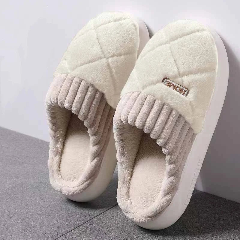 Quilted Plush Slippers Women Cozy Winter Soft Indoor Anti Slip House Shoes