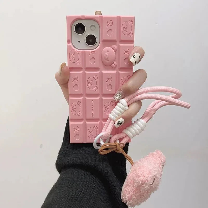 3D Chocolate Rilakkuma Cute Bear Wrist Strap iPhone Case