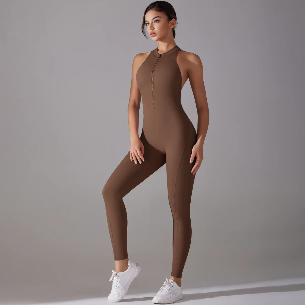 Women Backless Scrunch Gym Jumpsuit Zipper Fitness Yoga Bodysuit Sportswear