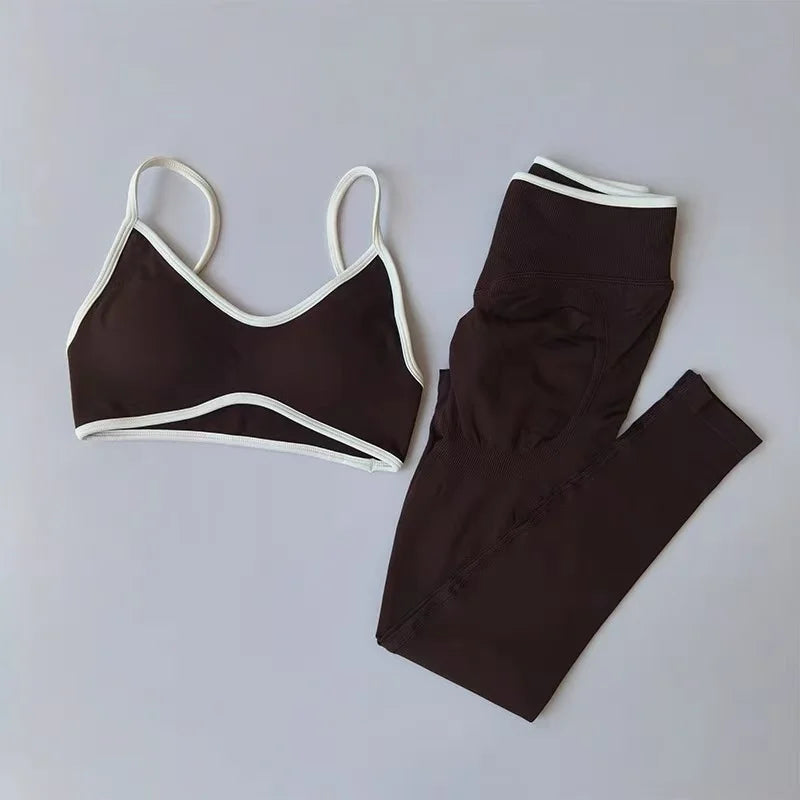 Women Strappy Sports Set Contrast Yoga Suit Shockproof Quick Dry Fitness Pants