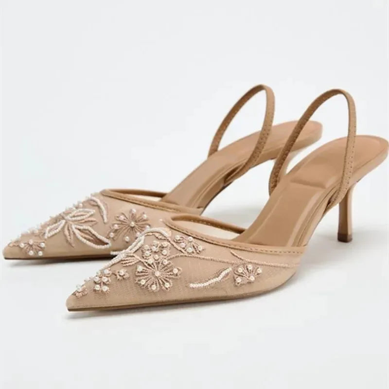 Women Mesh Pointed Toe High Heels Elegant Beaded Pumps Summer Sandals