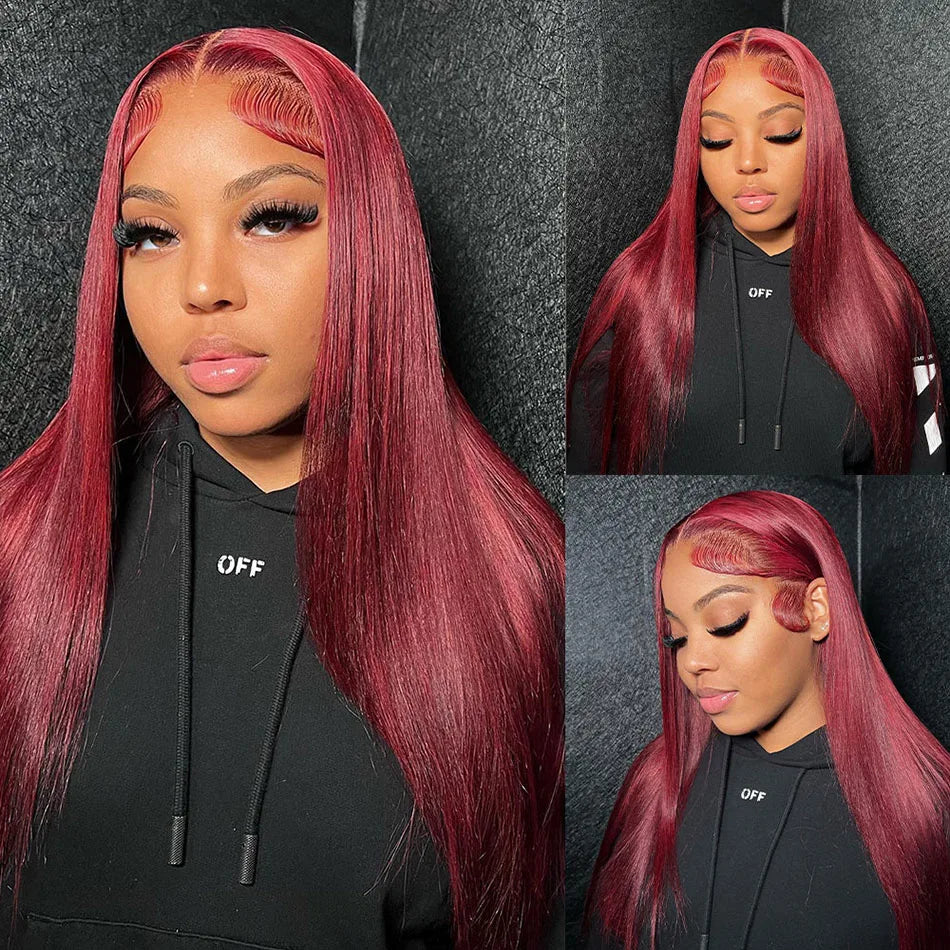 99J Burgundy Wig – Straight HD Lace Front Human Hair Wig (Wine Red)