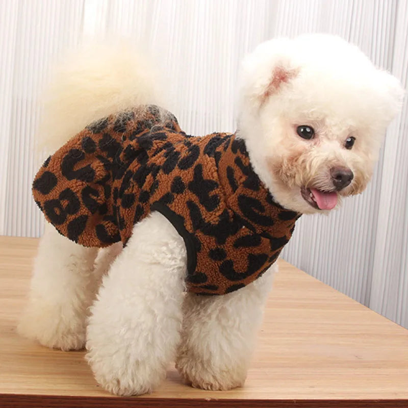 Small Dog Leopard Fleece Dress Hoodie Winter Pet Pullover Vest