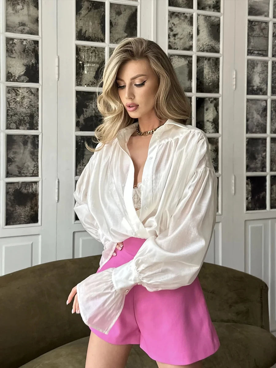 Women Loose Fit Collared Shirt Flare Sleeve Long Sleeve Office Casual Top Solid Color