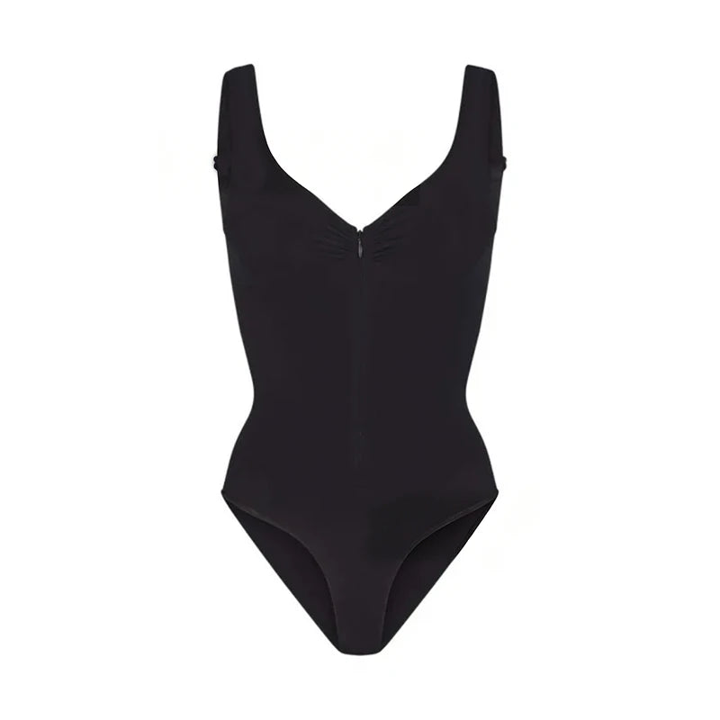 Women V Neck Zip Bodysuit Sleeveless Slim Fit Tank Top