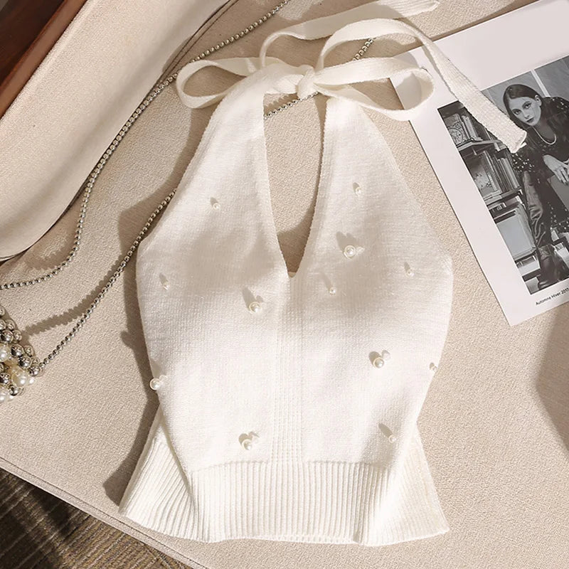 Beaded Halter Neck Knitted Vest for Women Backless Tie Knot Top