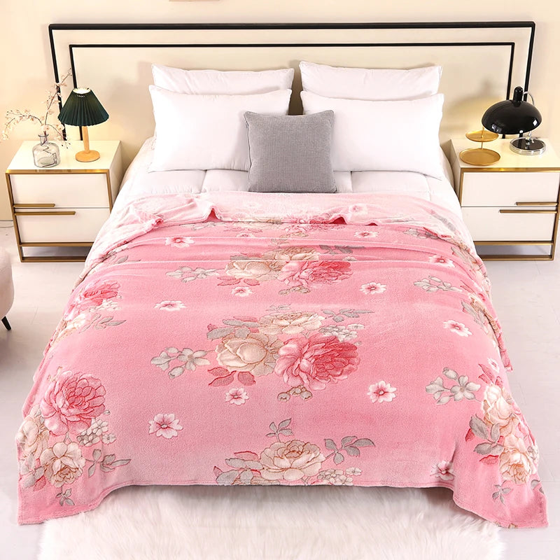 Floral Fleece Blanket Warm Plaid Sofa Throw Travel Shawl Bedspread