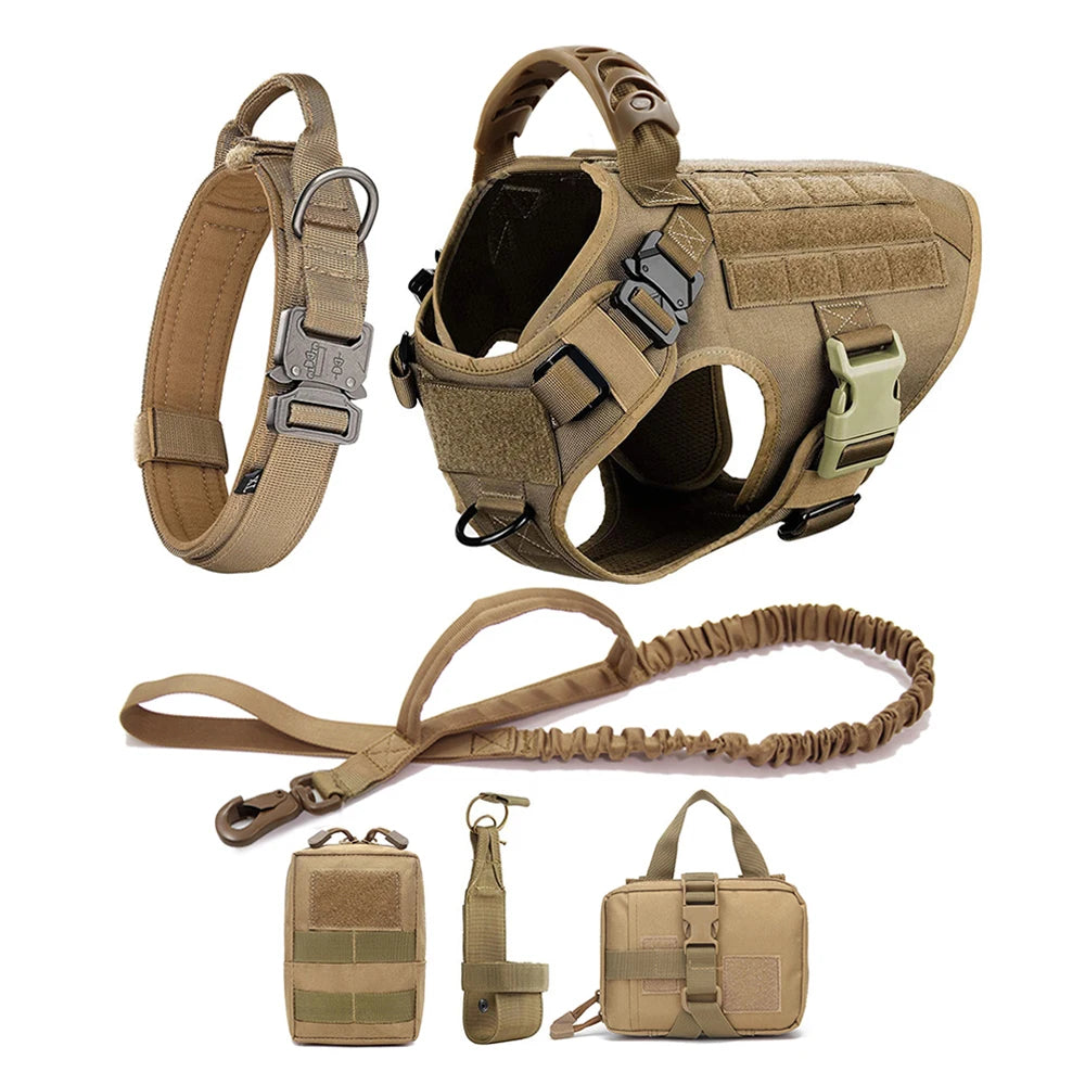 Large Dog Harness Collar Leash Set with Molle Pouches for Training Walking