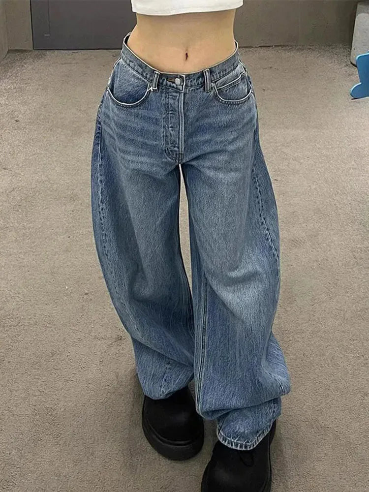 Women Y2K Gradient Blue Jeans Retro Letter Print High Waist Denim Pants 2025