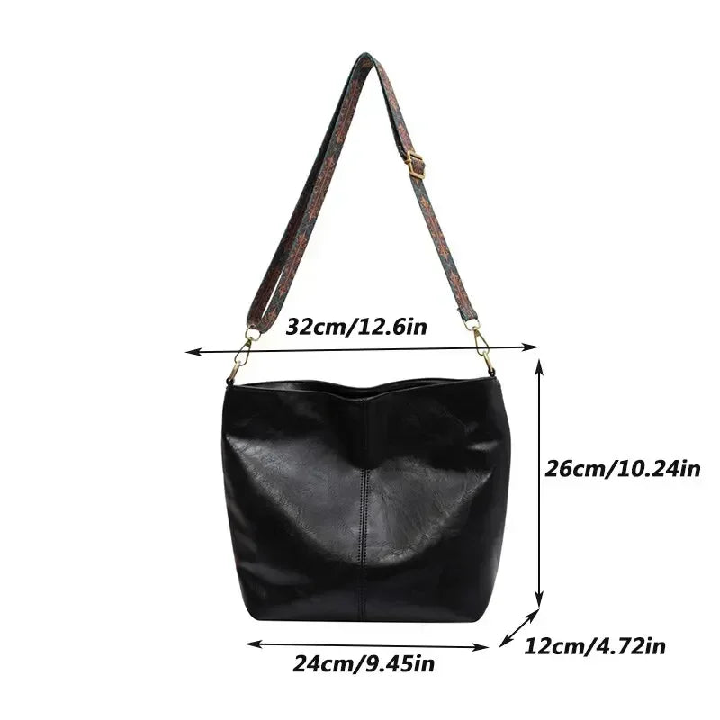Vintage PU Leather Bucket Bag Large Capacity Shoulder Crossbody Handbag