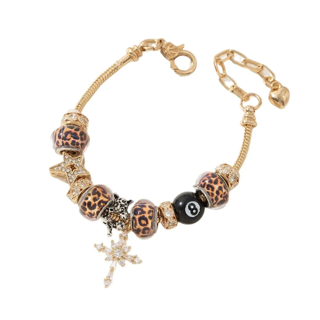 Women Adjustable Gold Charm Bracelet Leopard Rhinestone Star Cross