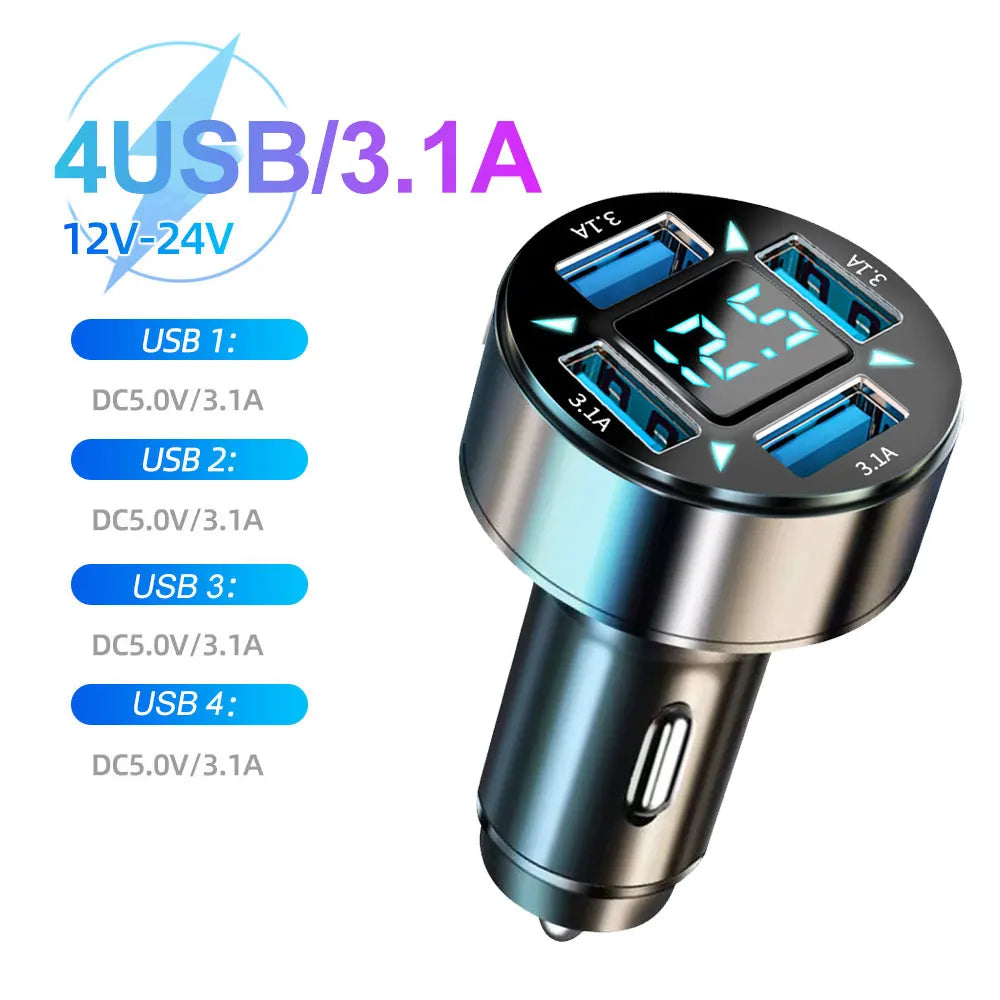 6-Port Fast Car Charger 250W – Multi USB PD & QC3.0 Cigarette Lighter Adapter with LED Display