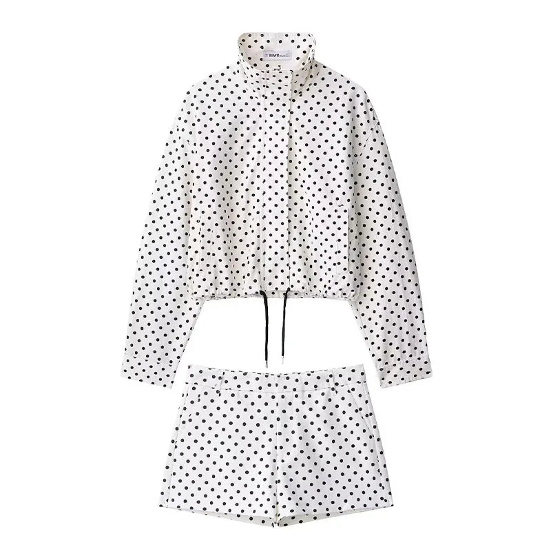 Women Polka Dot Jacket Turtleneck Long Sleeve Casual Coat with Zipper and Pockets