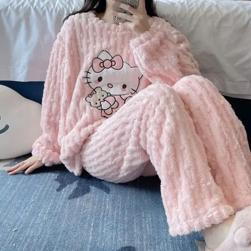 Women’s Cute Cat Cartoon Coral Velvet Pajama Pants Warm Winter Flannel Loungewear