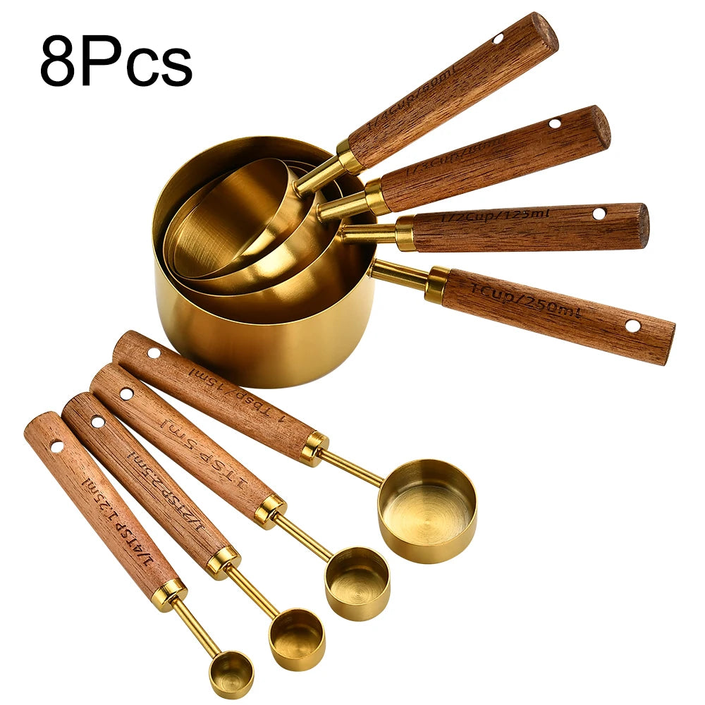 Stainless Steel Measuring Cups Spoons Set Wooden Handle Baking Coffee Tools