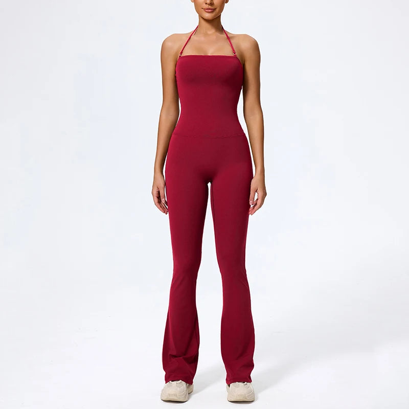 Women Sleeveless Yoga Jumpsuit Backless Flared Gym Sportswear Outfit