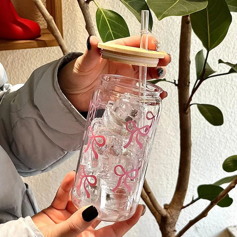 500ml Cute Bow Glass Cup Mason Jar Tumbler With Lid Straw Iced Coffee Juice Bottle