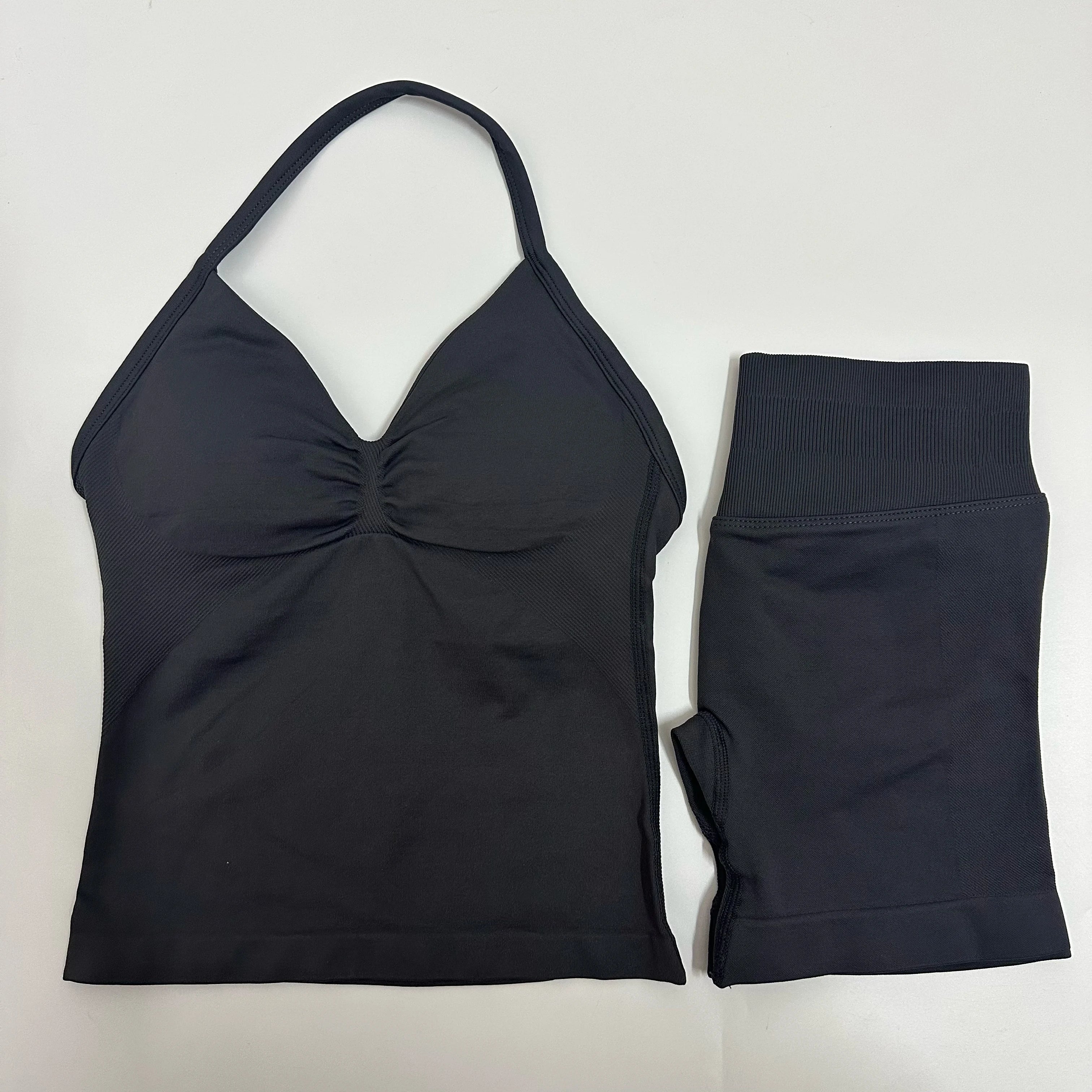 Seamless Yoga Set Women Strappy Tank Top Scrunch Shorts Gym Workout Outfit