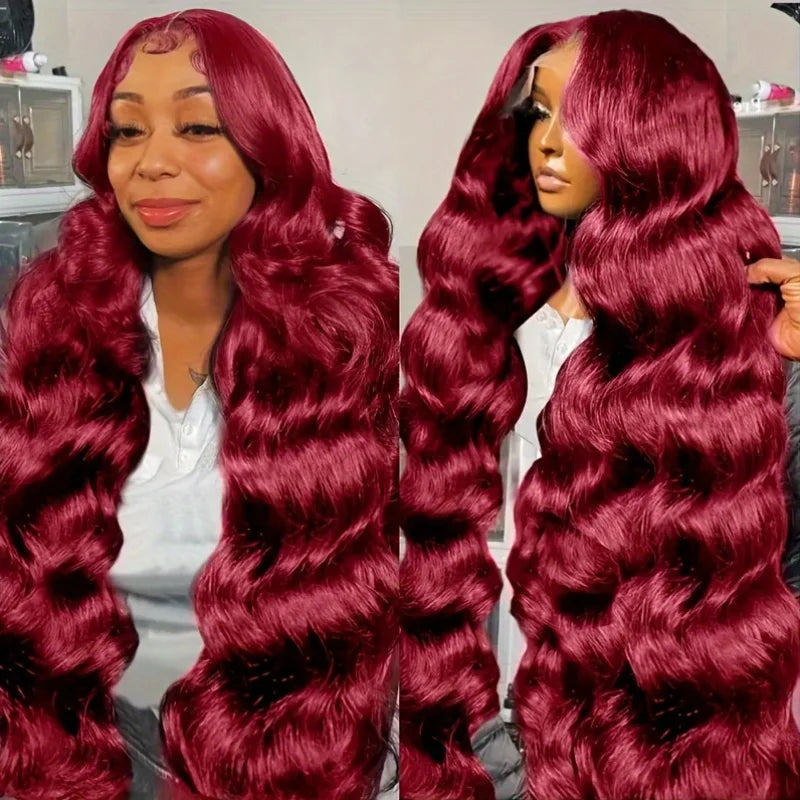 99J Burgundy Body Wave Wig – Long Red Wavy Lace Front Wig 250% Density
