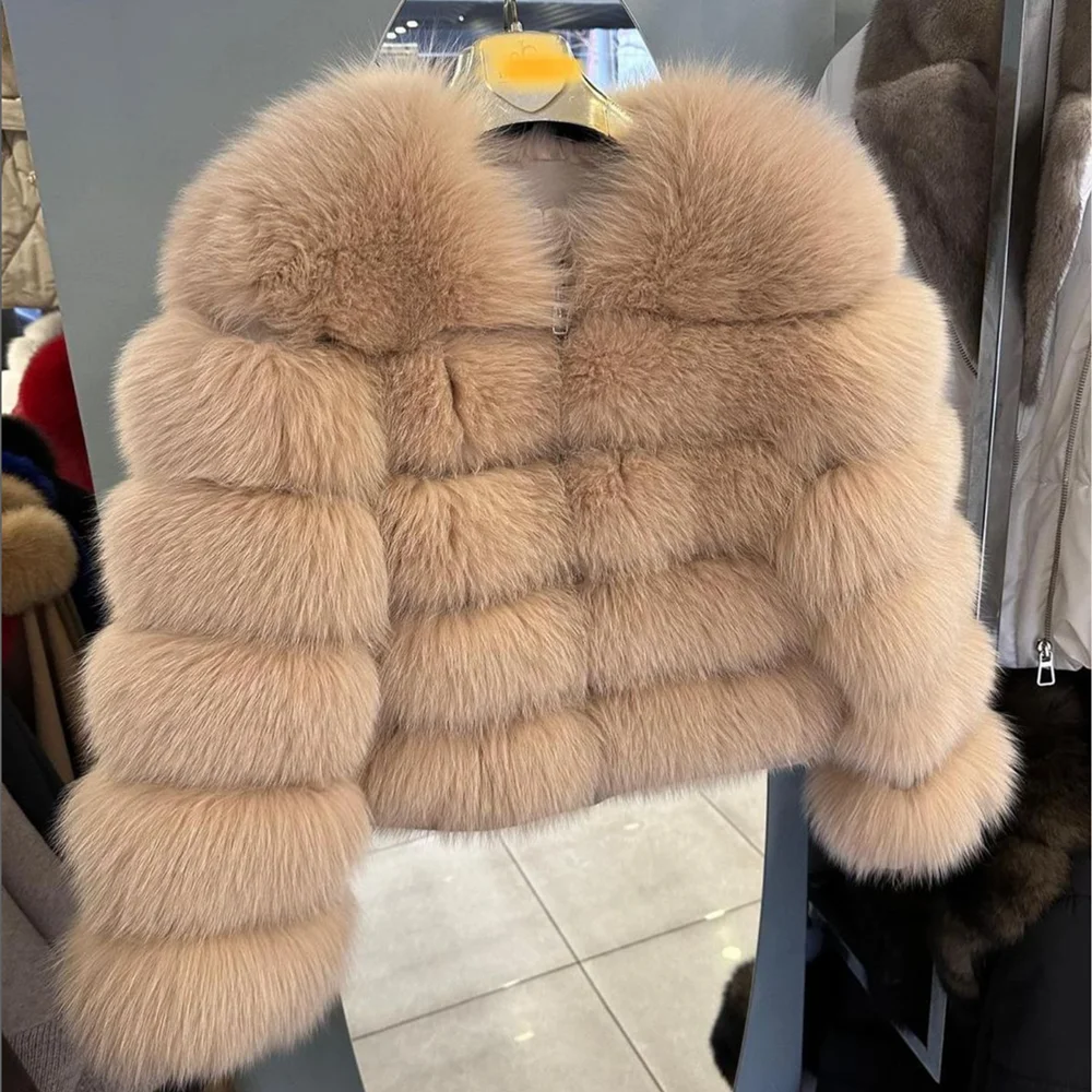 Women Real Fox Fur Winter Coat Brown Leather Jacket